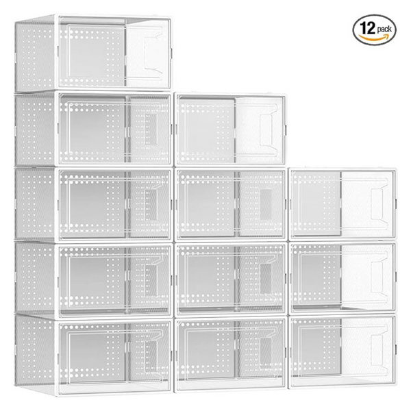 12-Pack Large Clear Plastic Shoe Organizer Boxes With Lids