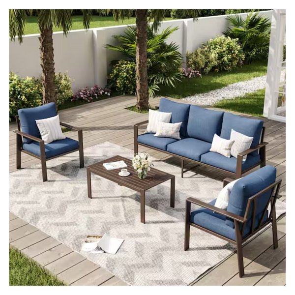 4-Piece Poteban Metal Patio Conversation Set With Navy Cushions