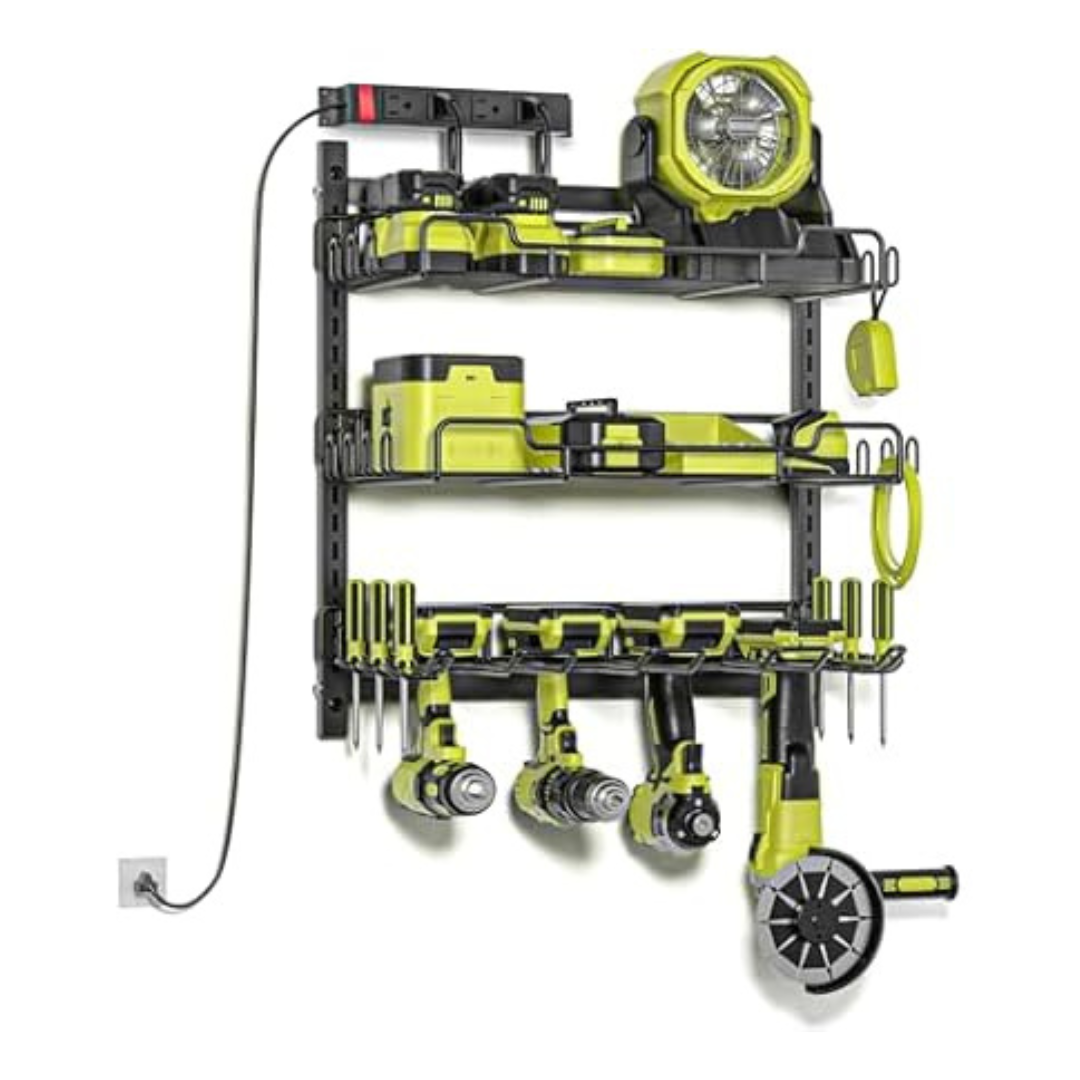 4-Slot / 3-Shelf Power Tool Organizer w/ 4-Outlet Power Strip