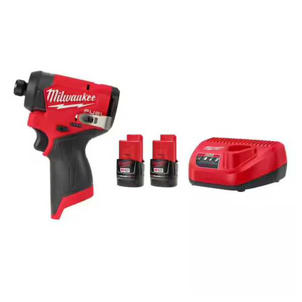 Milwaukee M12 FUEL 12V Lithium-Ion Brushless Cordless 1/4" Hex Impact Driver W/M12 Compact 2.0 Ah Battery (2-Pack) Starter Kit