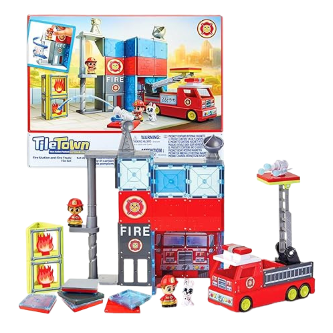 66-Piece Tile Town Kids Fire Station Magnetic Tiles Set