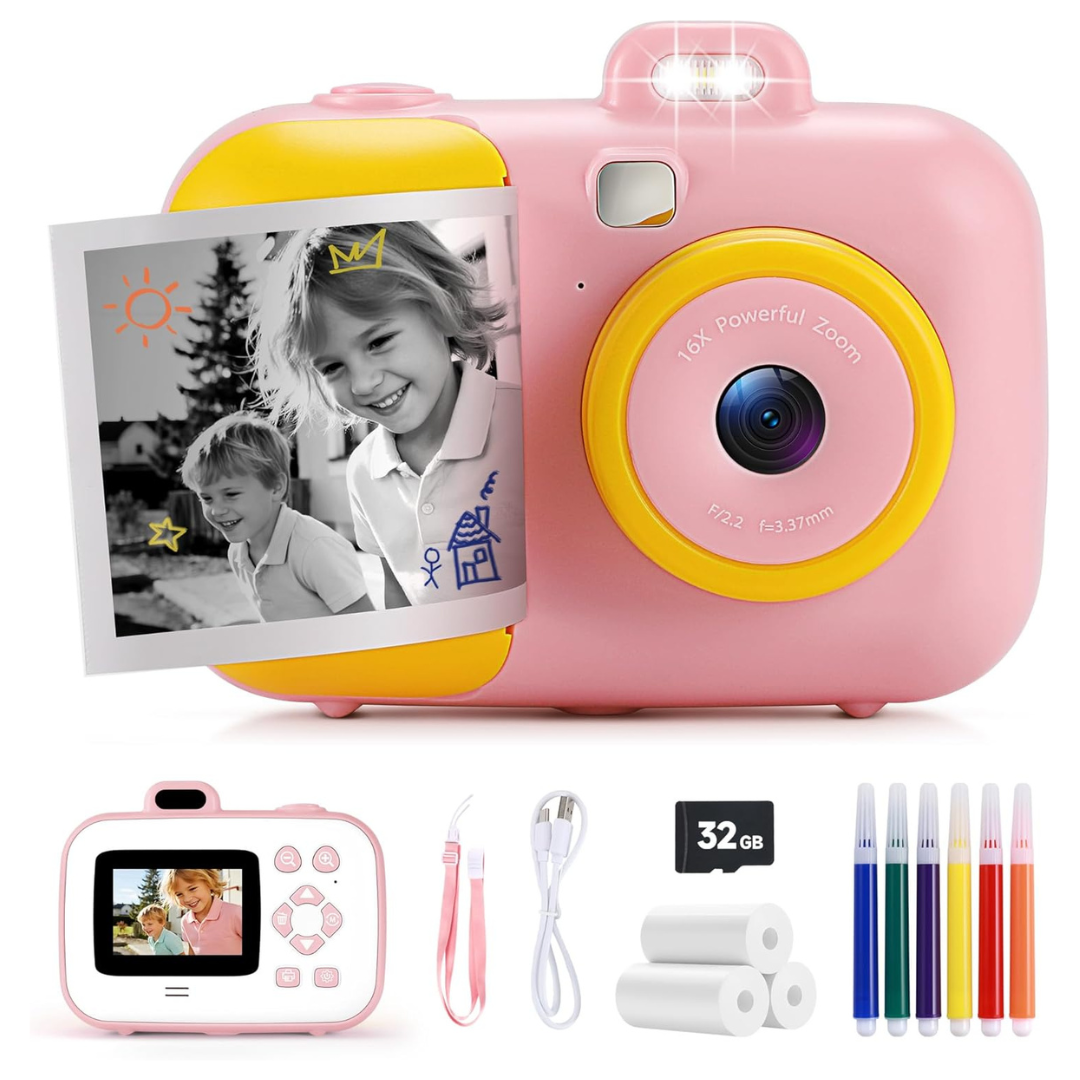 Kids 1080p HD Instant Camera With Print Paper & 32GB SD Card