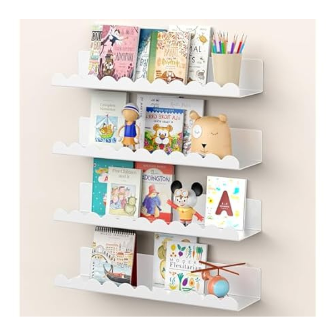 4-Pack 17" Metal Floating Book Shelves W/ Scalloped Front Design (White)