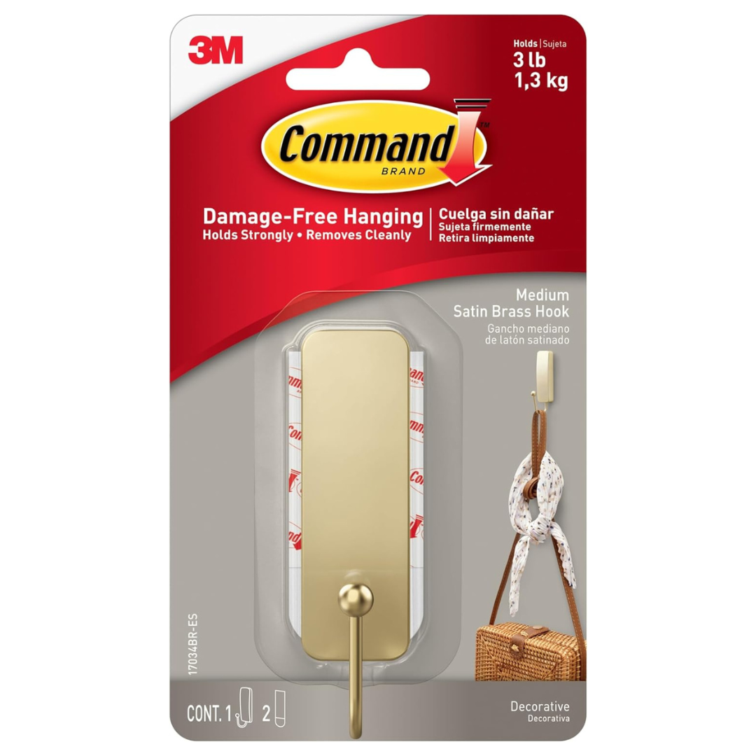 Command Medium Satin Brass Wall Hook With Adhesive Strip