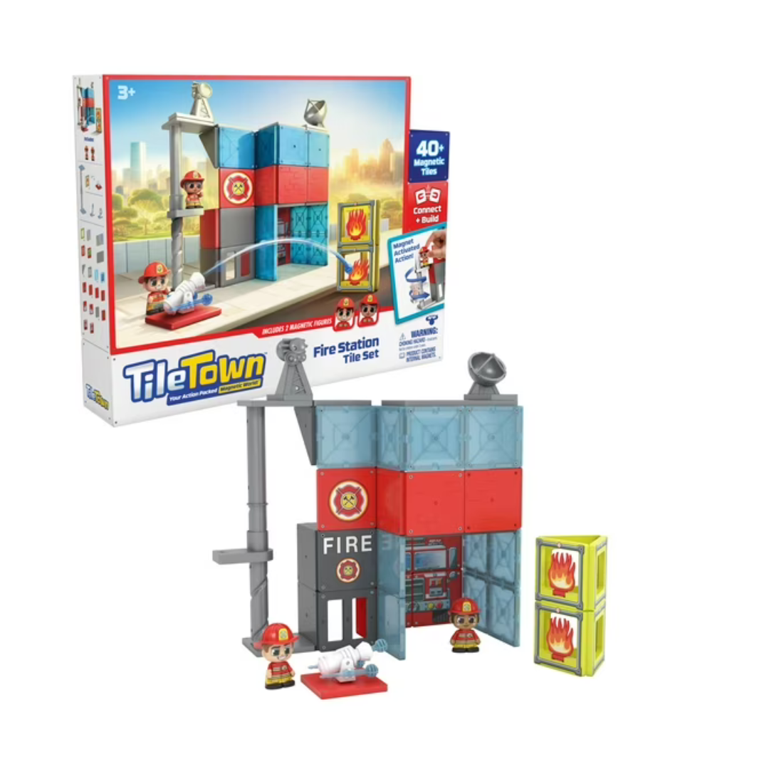 Tile Town Fire Station Magnetic Tiles Kids Playset with Figures