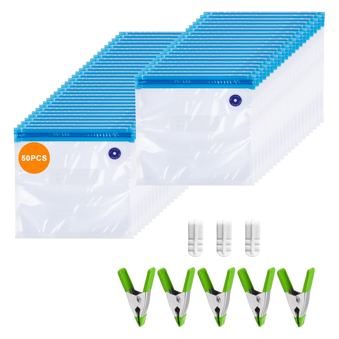 50-Count Reusable Sous Vide Bags With 3 Seal Clips & 5 Cooking Clips