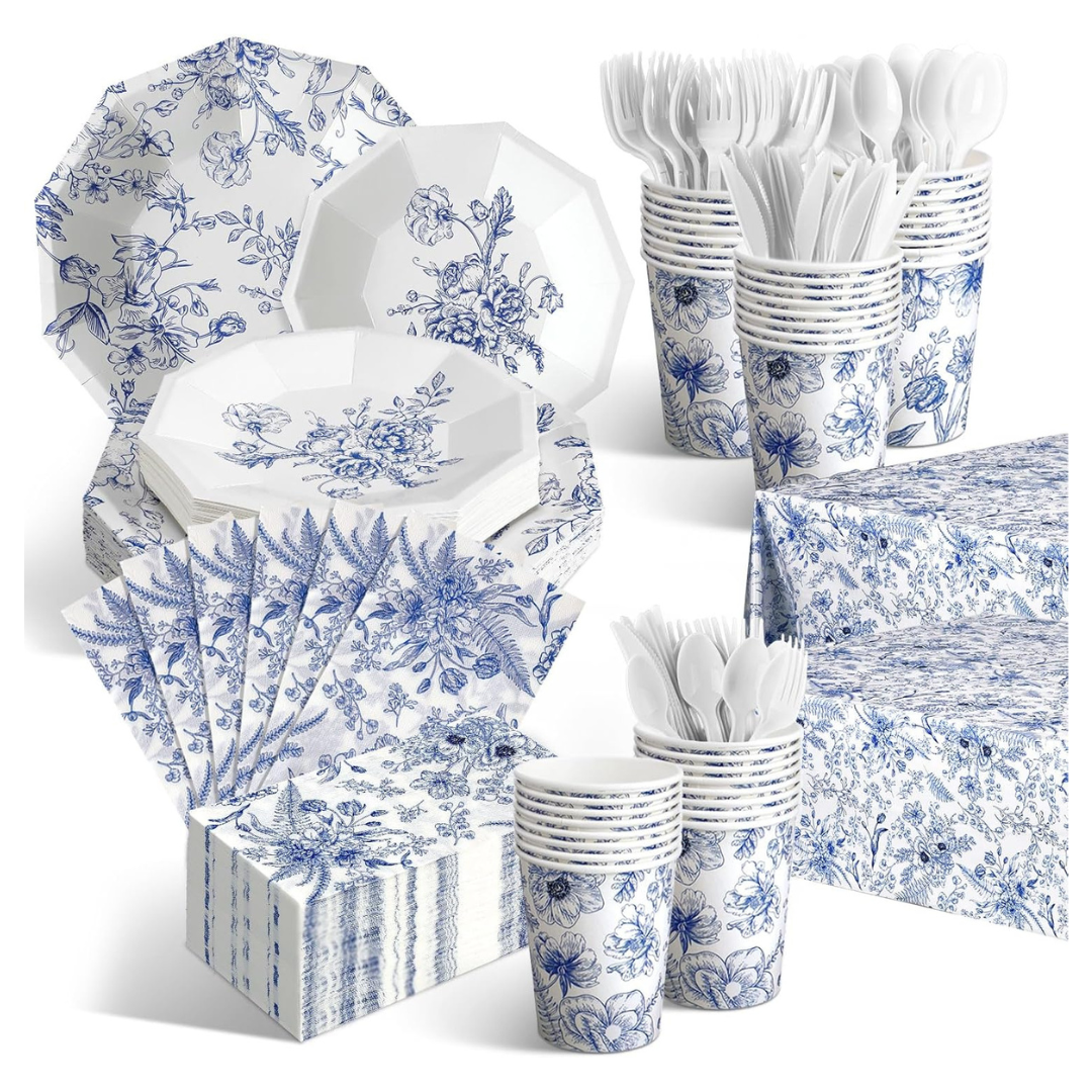 402-Pieces Dandat Blue Floral Disposable Tableware Set