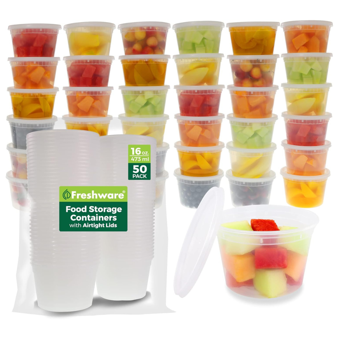 Set Of 50 Plastic Food Storage Containers With Lids, 16 oz