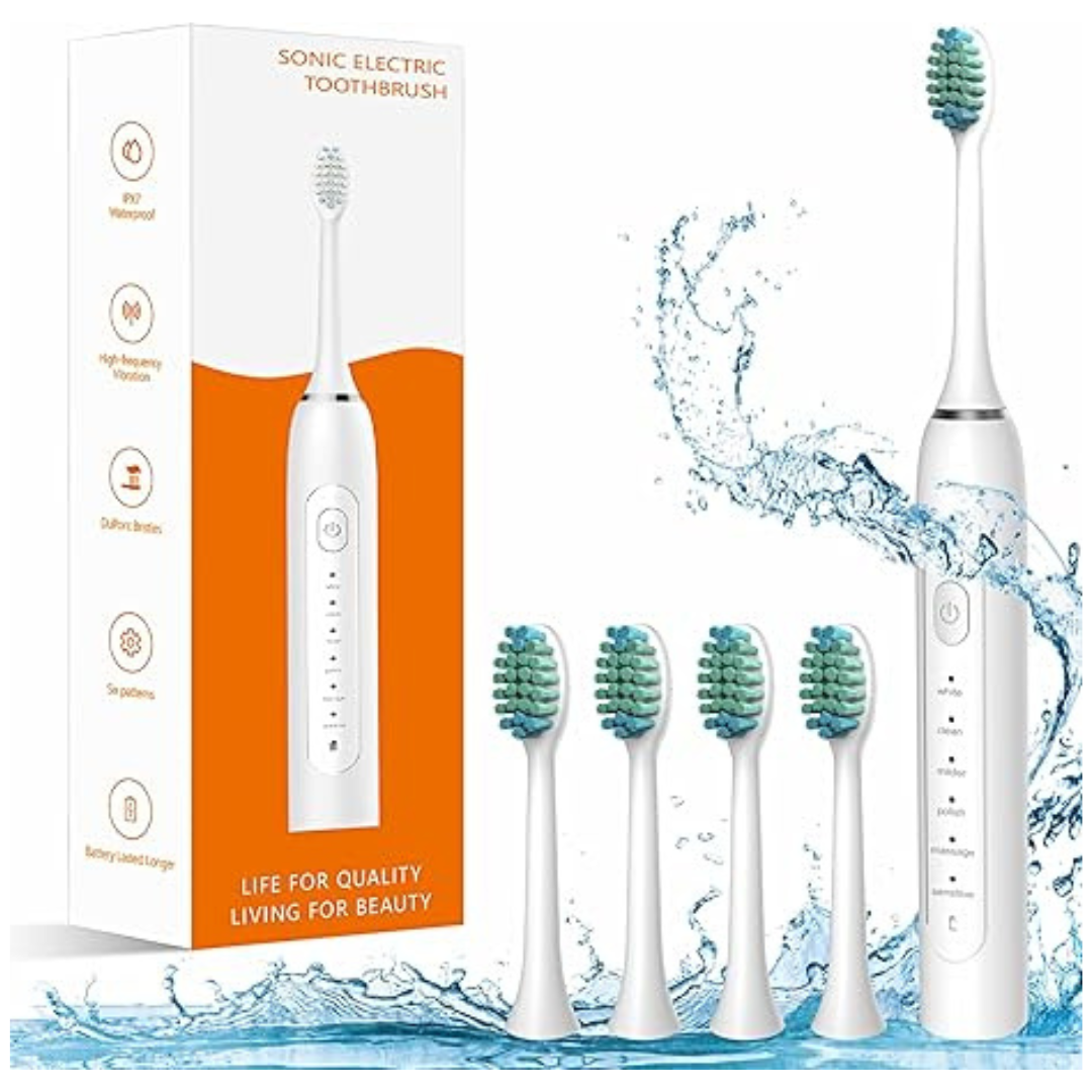 IPX7 Rechargeable Sonic Electric Toothbrush with 4 Replaceable Heads