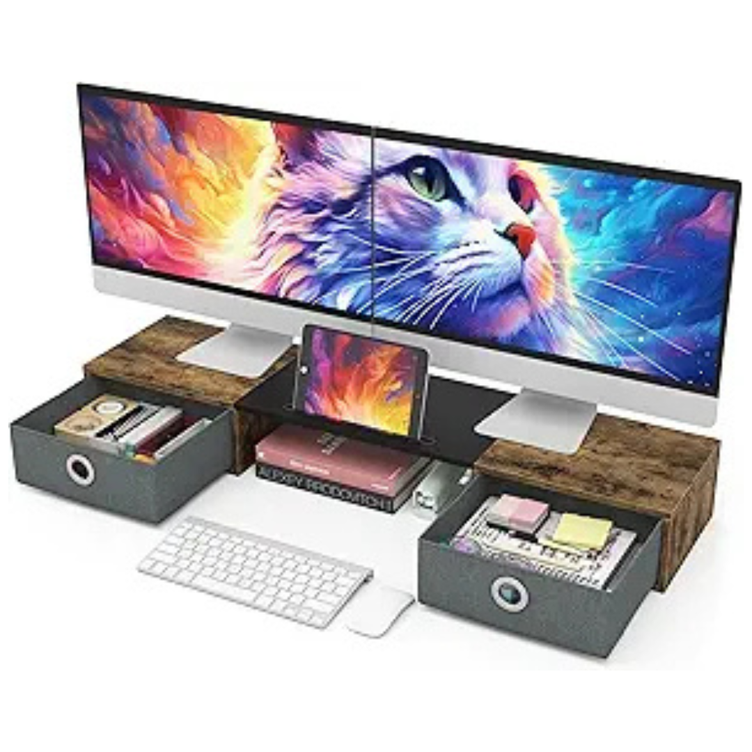 Dual Monitor Stand Riser with Two Drawers