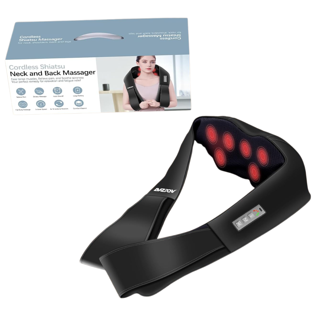 AMZPONY Cordless Neck and Back Massager with Heat & Shiatsu