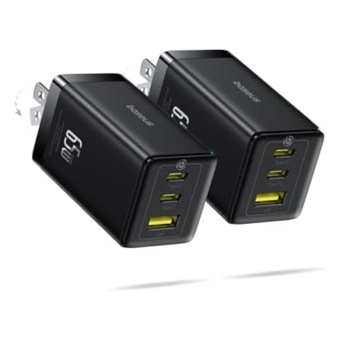 2-Pack 65W Baseus Foldable GaN 3-Port USB-C & USB-A Wall Chargers