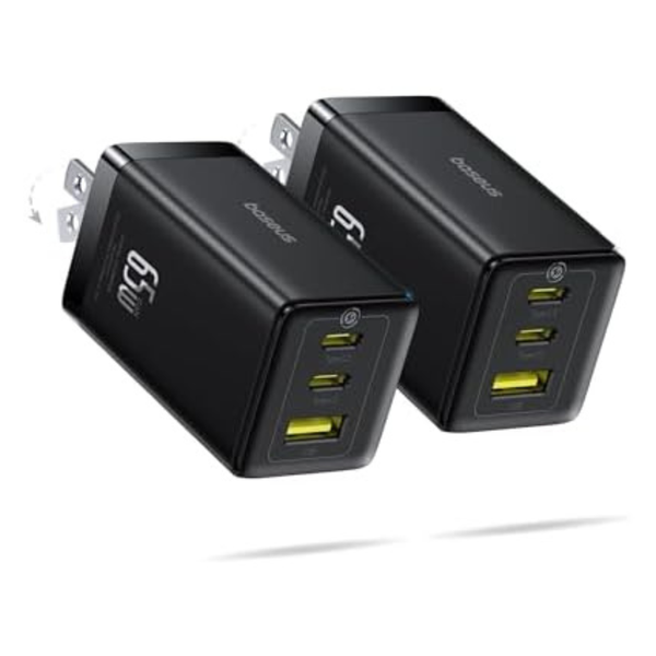 2-Pack 65W Baseus Foldable GaN 3-Port USB-C & USB-A Wall Chargers