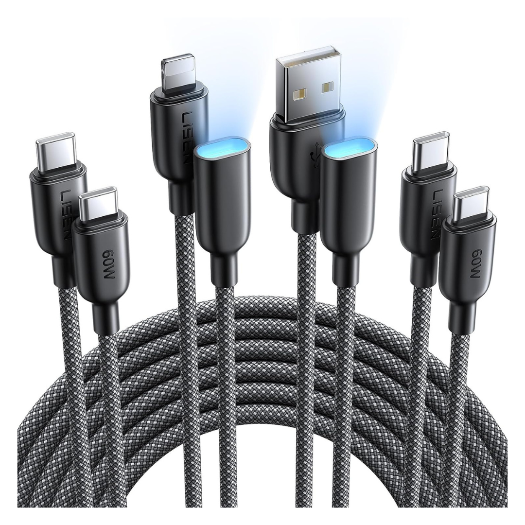 2-Pack 60W 6.6ft USB-C Cables W/ 2-Pcs 1.3ft USB-A & Lightning Adapters
