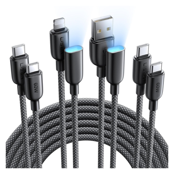 2-Pack 60W 6.6ft USB-C Cables W/ 2-Pcs 1.3ft USB-A & Lightning Adapters