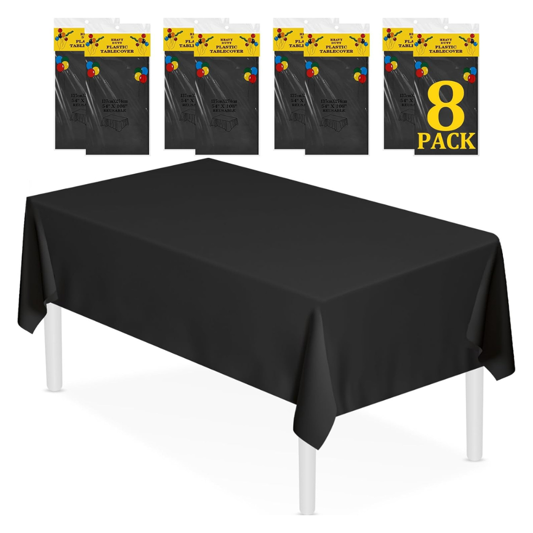 8 Pack 54" x 108" Premium Black Plastic Table Cloth