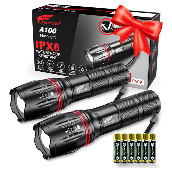 2-Pack HAUSBELL A100 Zoomable Tactical LED Flashlights With 5 Modes
