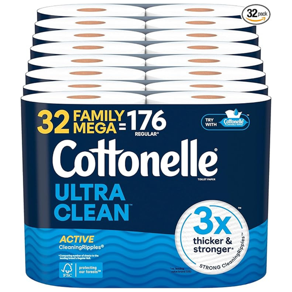 Cottonelle Ultra Clean Toilet Paper With Active CleaningRipples Texture (32 Family Mega Rolls = 176 Regular Rolls)