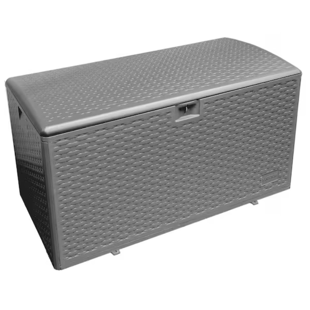 120-Gal Grey Resin Wicker Outdoor Storage Deck Box W/ Lockable Lid