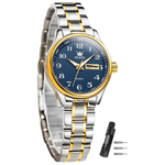OLEVS Womens Stainless Steel Watch With Date And Day (Blue Silver Gold)