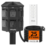Tiffcofio Outdoor 6-Outlets Power Strip W/ 25-Feet Extension Cord & Remote