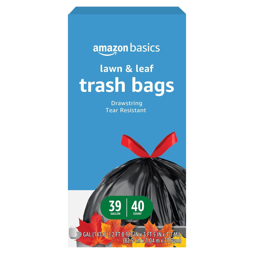 40-Count 39-Gal Amazon Basics Lawn & Leaf Drawstring Trash Bags