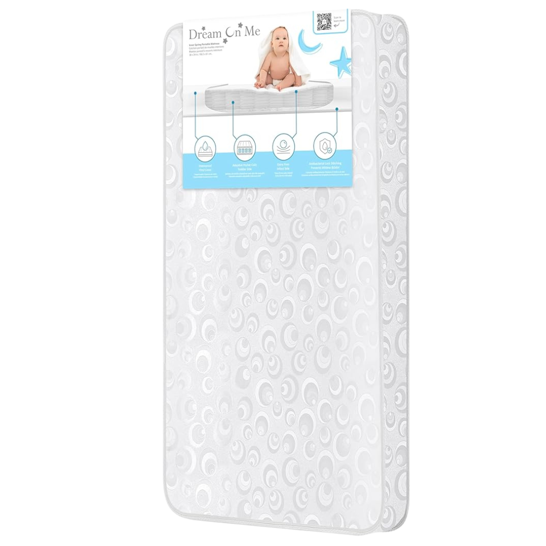Dream On Me 3” Spring Coil Mini/Portable Crib Mattress, Waterproof Vinyl Cover, Fits Mini & Portable Cribs