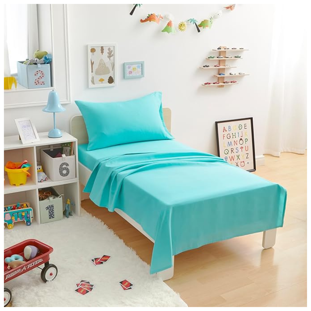 Amazon Basics Kid’s Soft Lightweight Microfiber 3-Piece Sheet Set, Toddler, Bright Aqua