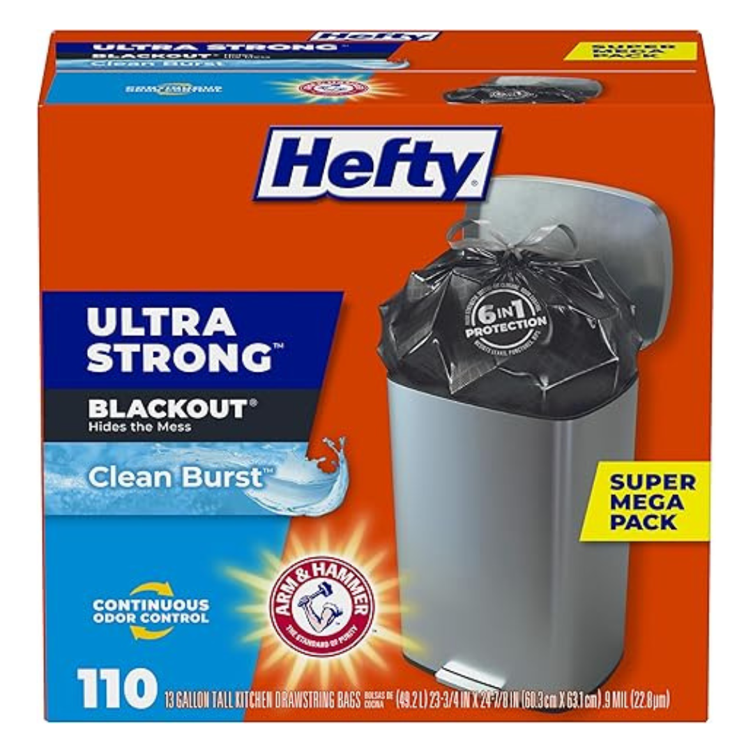 Hefty Ultra Strong 13 Gallon Trash Bags, Clean Burst Scent (110 Bags)
