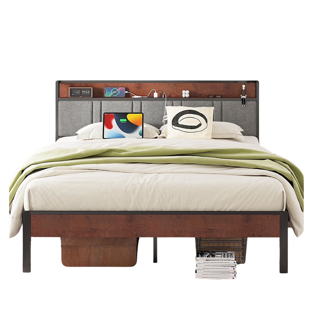 Nisien Queen Size Platform Bed Frame With Charging Station