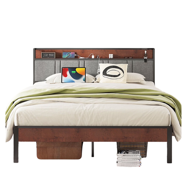 Nisien Queen Size Platform Bed Frame With Charging Station
