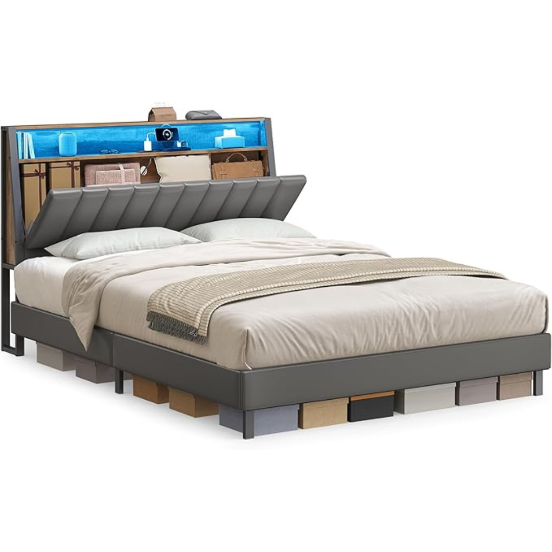 VASAGLE Queen Size LED Bed Frame With Headboard