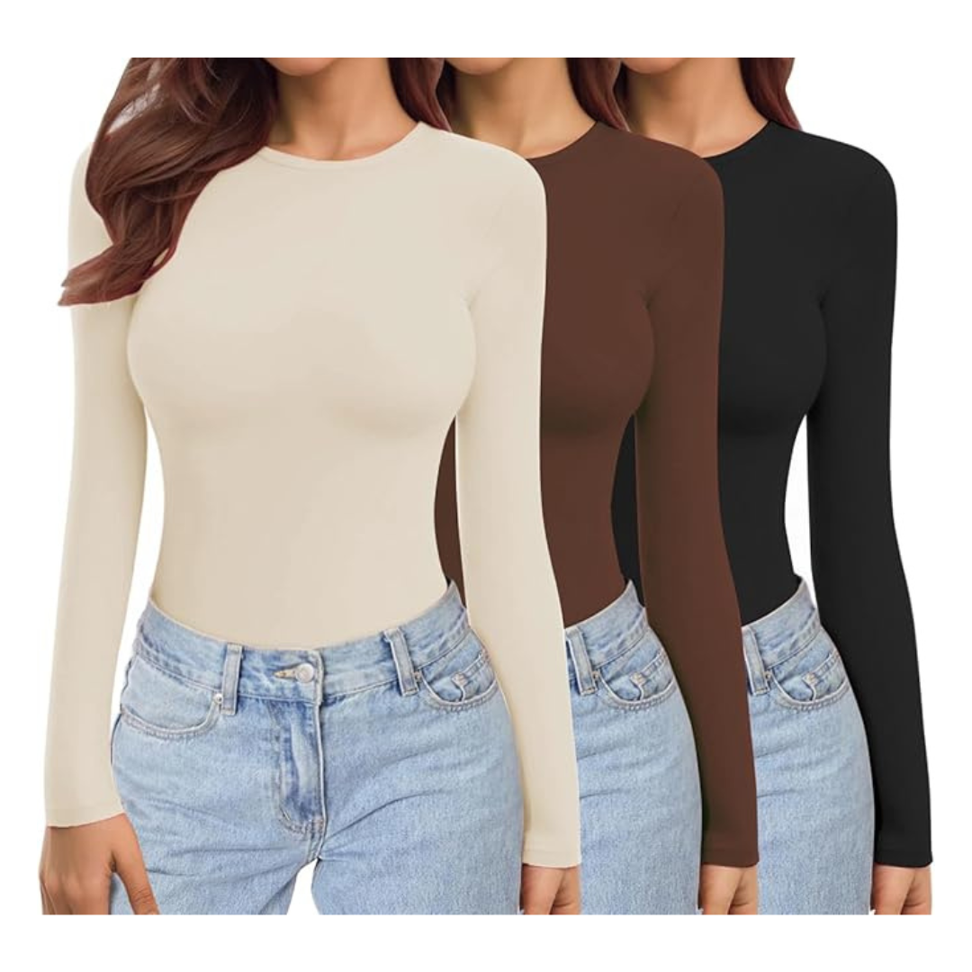 3-Pack Women's Crew Neck Stretch Fitted Long Sleeve Thermal Tees (Various Sizes)