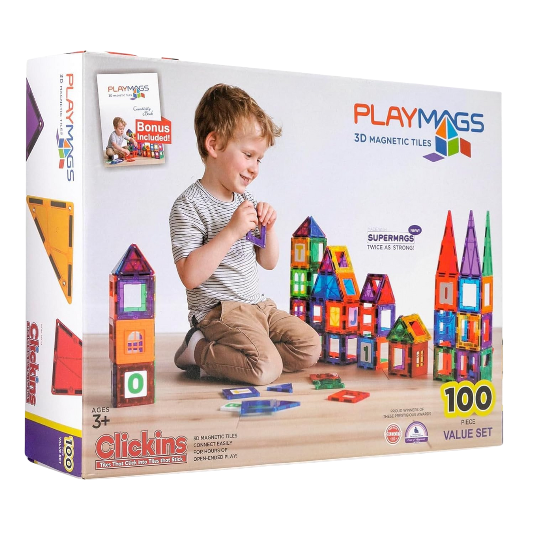 100-Piece Playmags 3D Magnetic Tiles Building Blocks Set