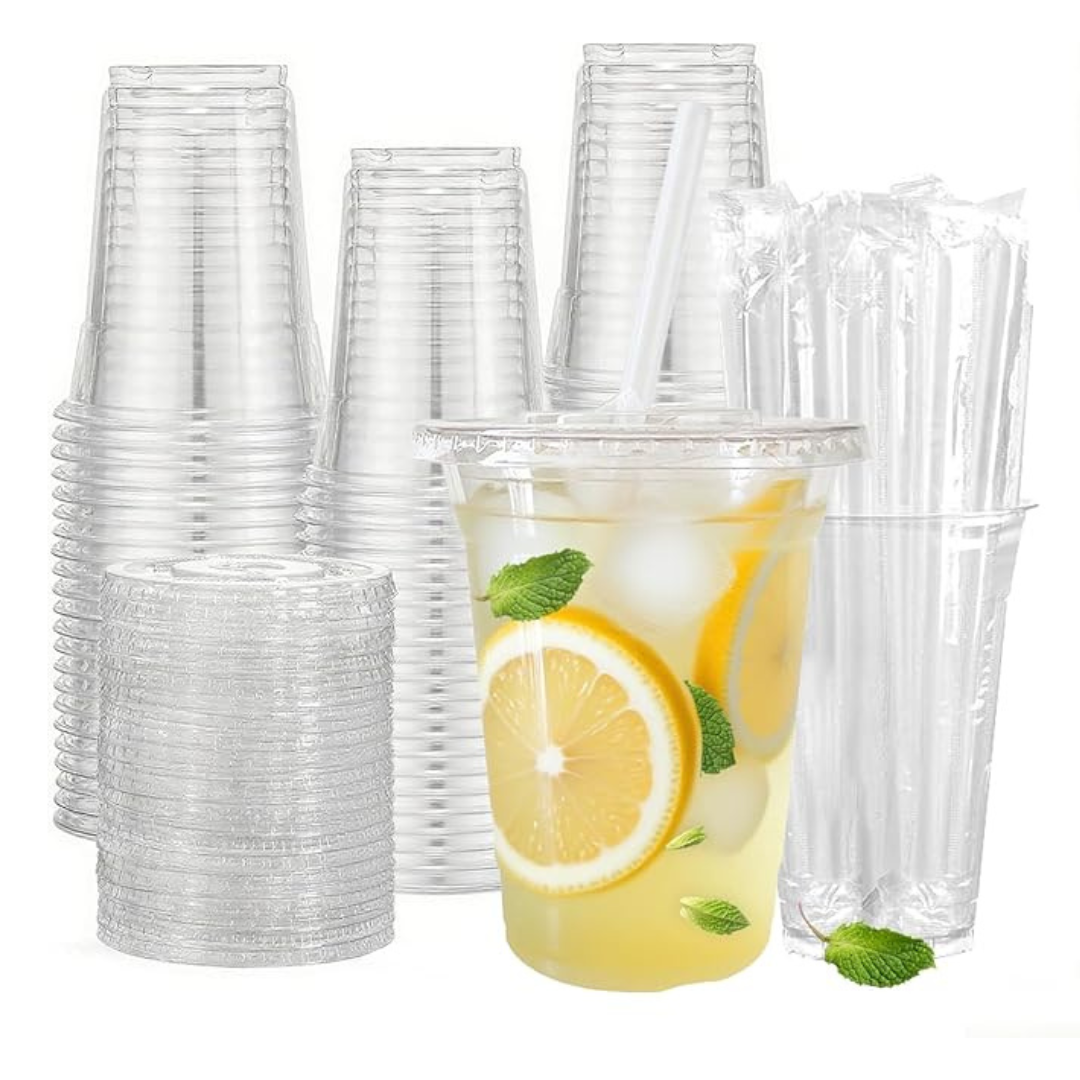 100-Pack of 24-Oz Disposable Plastic Cups with Lids and Straws