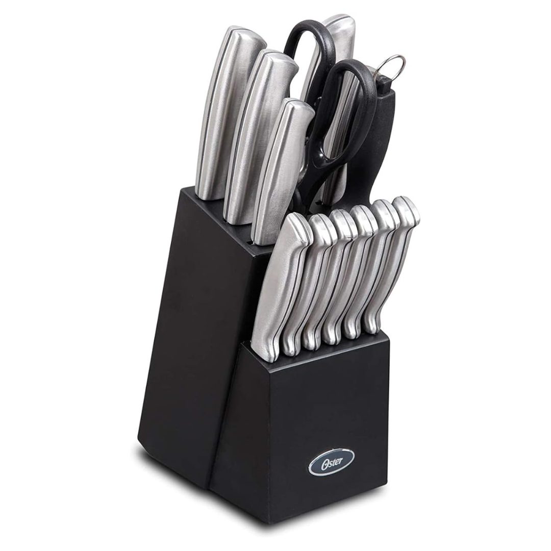 Oster Baldwyn 14 Piece Stainless Steel Cutting Kitchen Knife Cutlery Set With Swivel Block Holder And Knife Sharpener