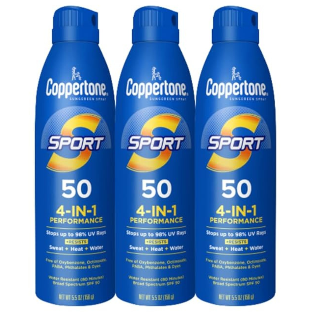 Coppertone Sport Sunscreen Spray SPF 50, Sweat, Heat And Water Resistant Sunblock (5.5 Oz Bottle, Pack Of 3)