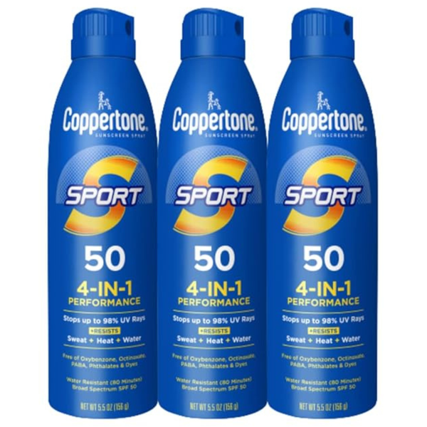 Coppertone Sport Sunscreen Spray SPF 50, Sweat, Heat And Water Resistant Sunblock (5.5 Oz Bottle, Pack Of 3)
