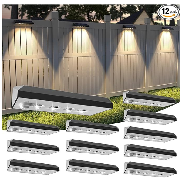 12-Pack IP65 3000K Solar Fence Lights With 4 Spot Lenses