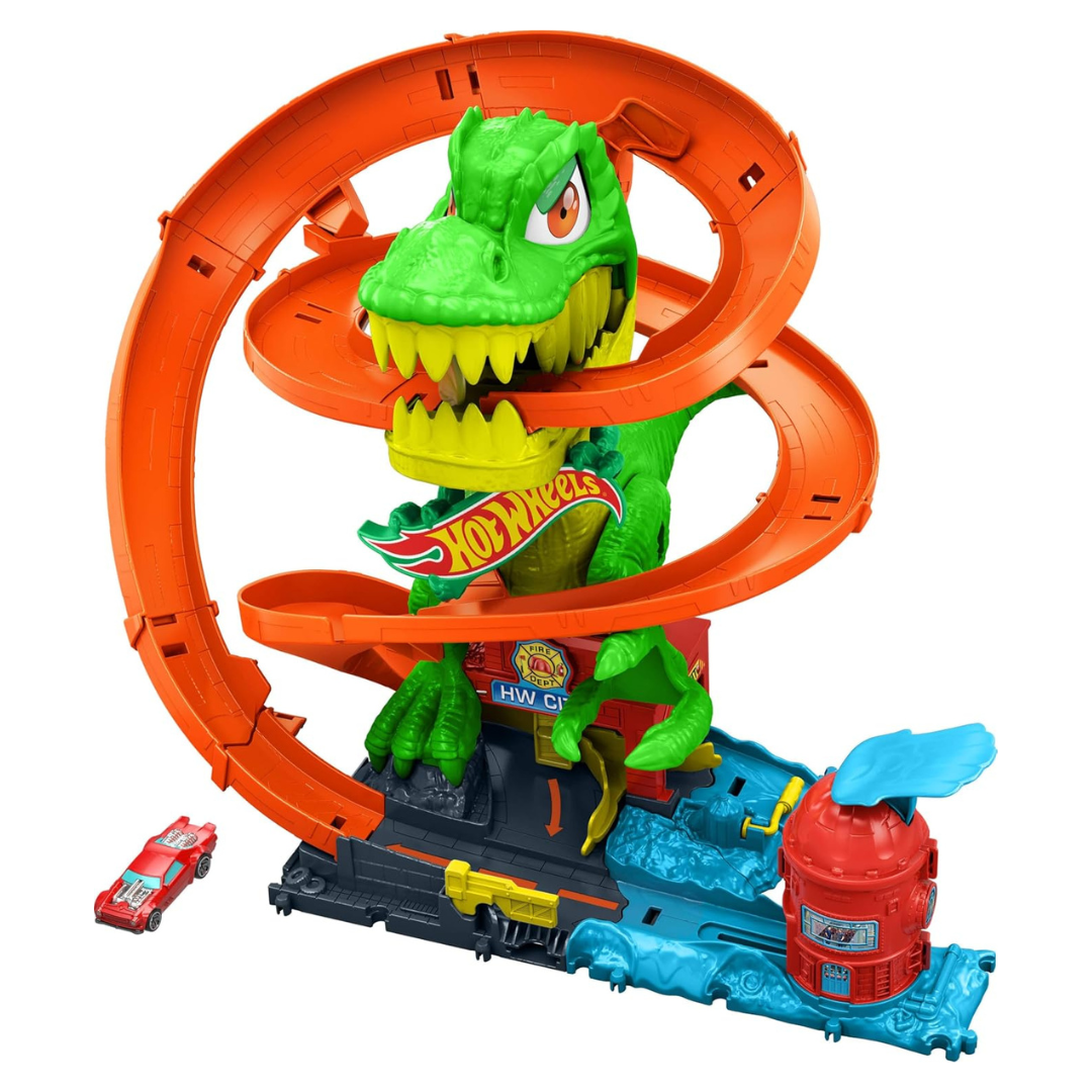 Hot Wheels City T-Rex Blaze Battle Playset & 1:64 Scale Die-Cast Car