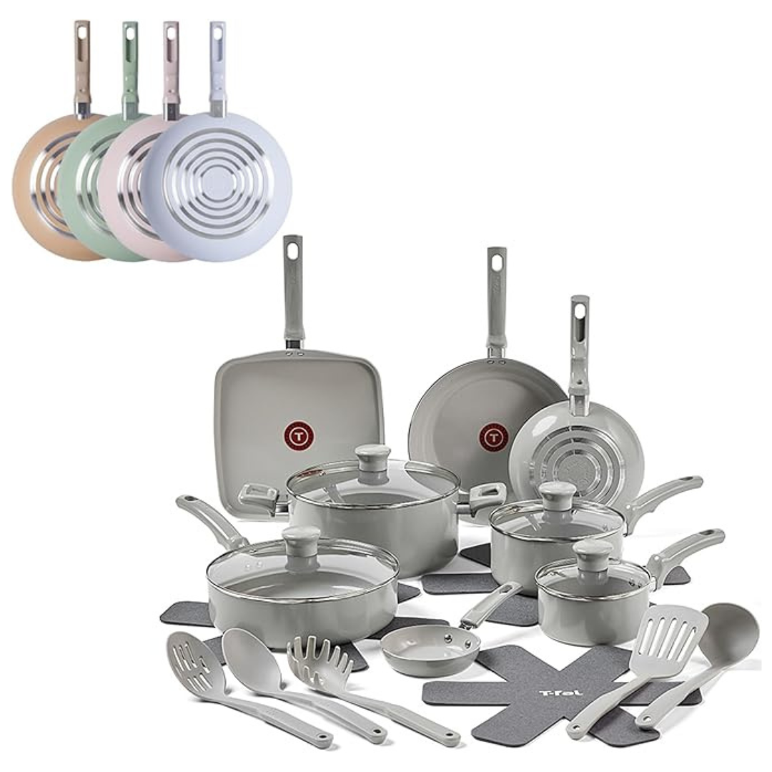 T-Fal Refresh Ceramic Pots and Pans Set, 20-Piece Nonstick Cookware