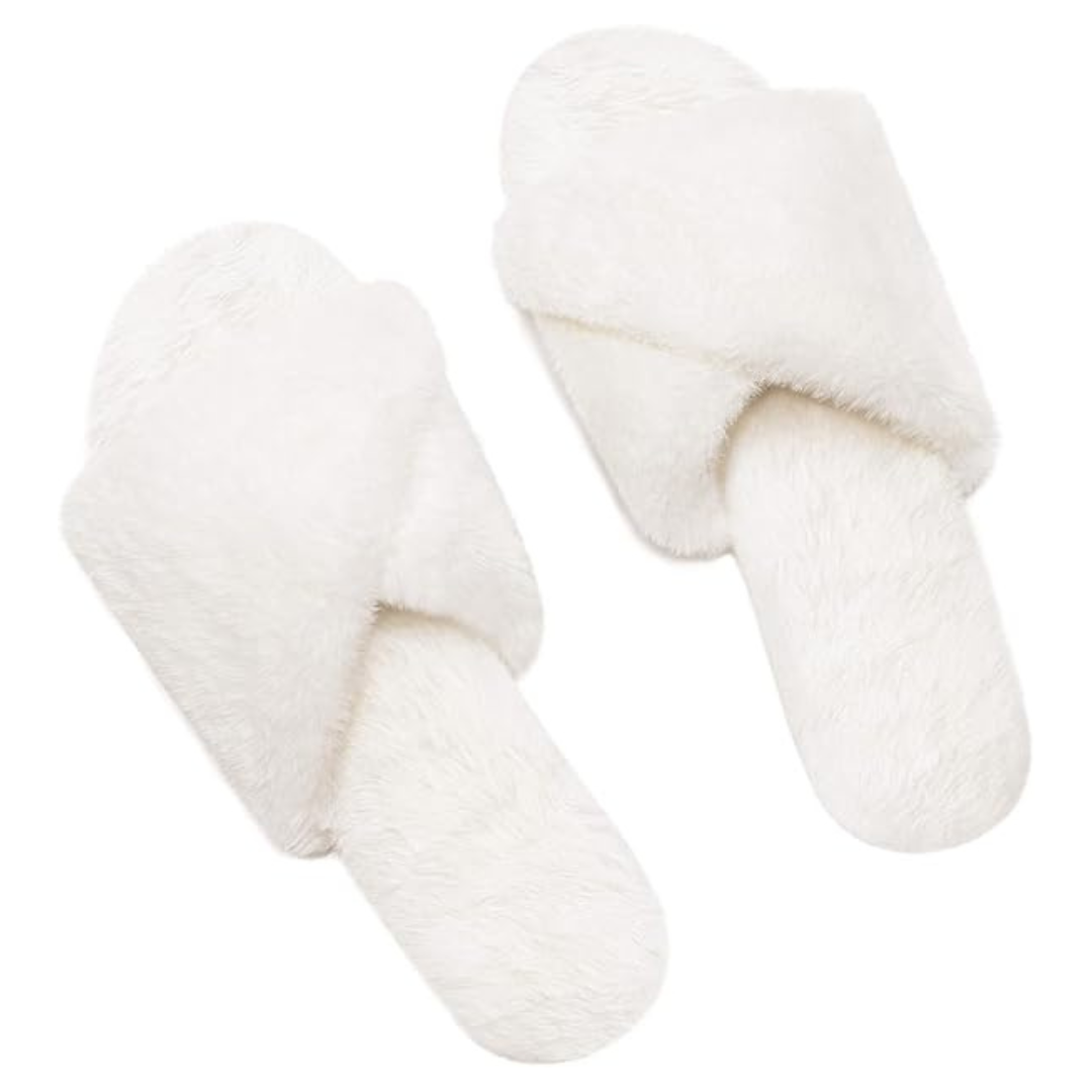Womens Memory Cross Band Fuzzy House Foam Slippers