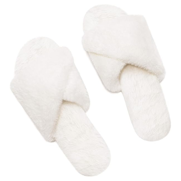 Womens Memory Cross Band Fuzzy House Foam Slippers