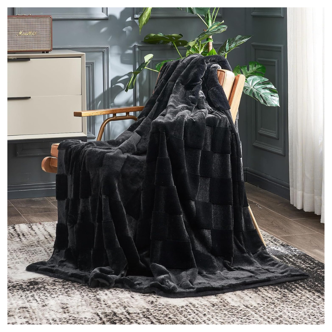 50" x 60" Cozy Bliss Checkered Faux Rabbit Fur Throw Plush Blanket