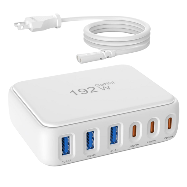 192W 6-Port USB Charger Block With 65W USB-C Charging Ports