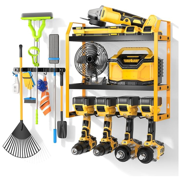 3-Tier Wall Mount Power Tool Organizer with Broom Holder