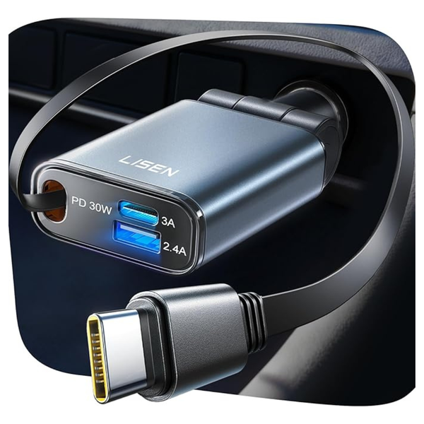 57W Lisen Retractable USB-C/USB-A Fast Charging Car Charger