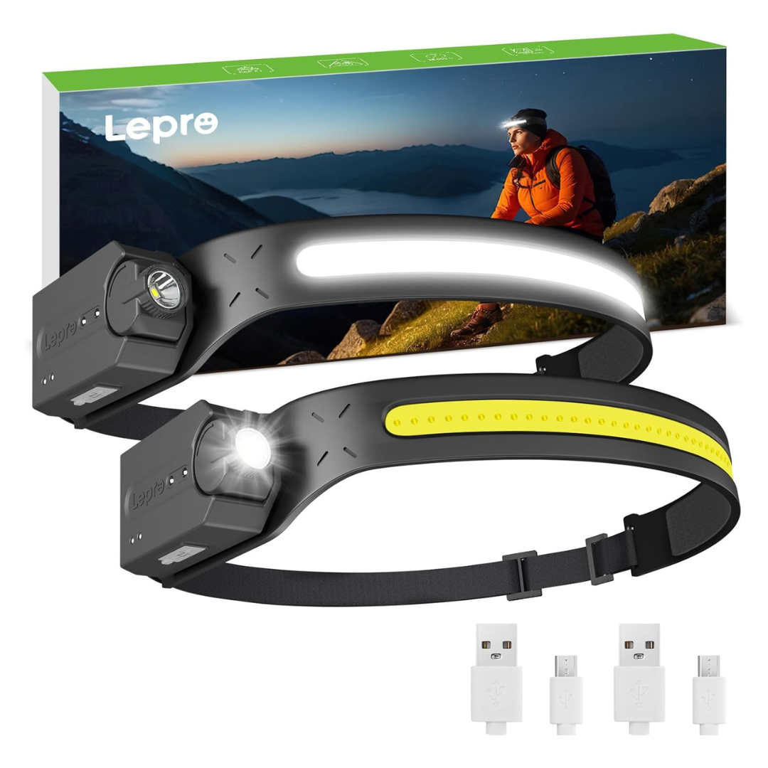 2-Pack Waterproof Rechargeable Motion Sensor LED Headlamp