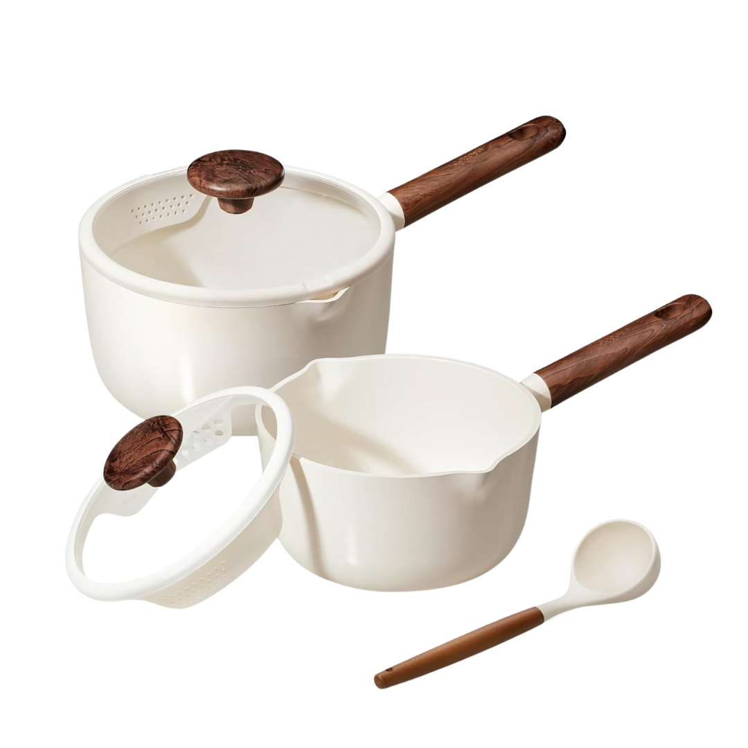 2QT & 3QT Ceramic Nonstick Saucepan Set With Lid & Ladle