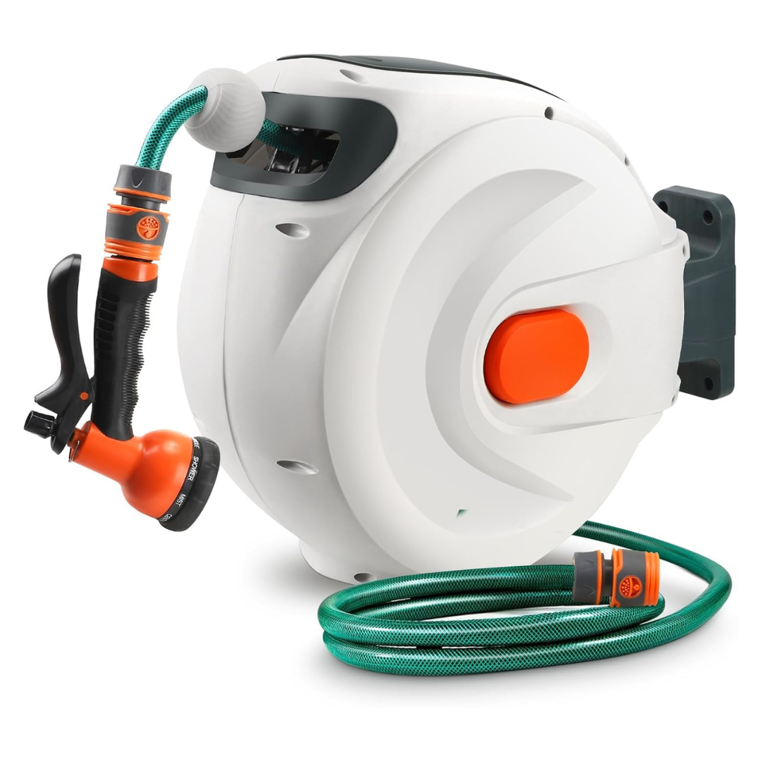 98.4ft Heavy Duty Automatic Water Hose Reel W/8 Patterns Nozzle